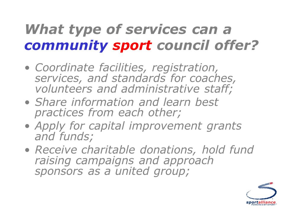 What type of services can a community sport council offer.