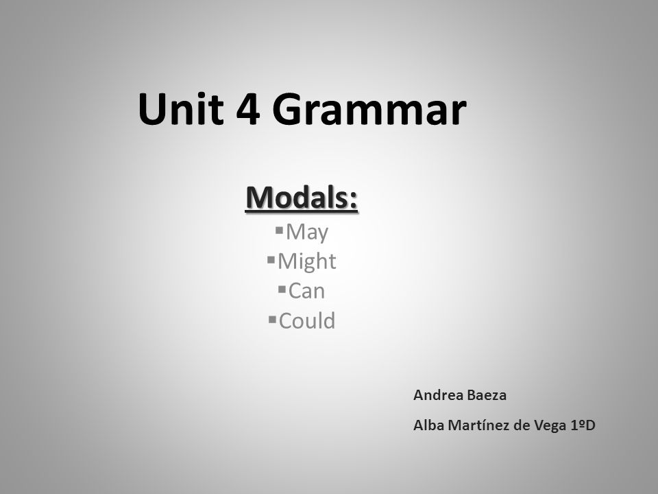 Unit 4 Grammar Modals:  May  Might  Can  Could Andrea Baeza Alba Martínez de Vega 1ºD