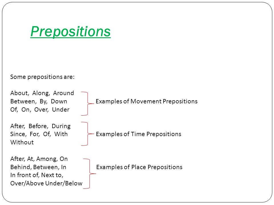 Prepositions Some prepositions are: About, Along, Around Between, By, Down Examples of Movement Prepositions Of, On, Over, Under After, Before, During Since, For, Of, With Examples of Time Prepositions Without After, At, Among, On Behind, Between, In Examples of Place Prepositions In front of, Next to, Over/Above Under/Below