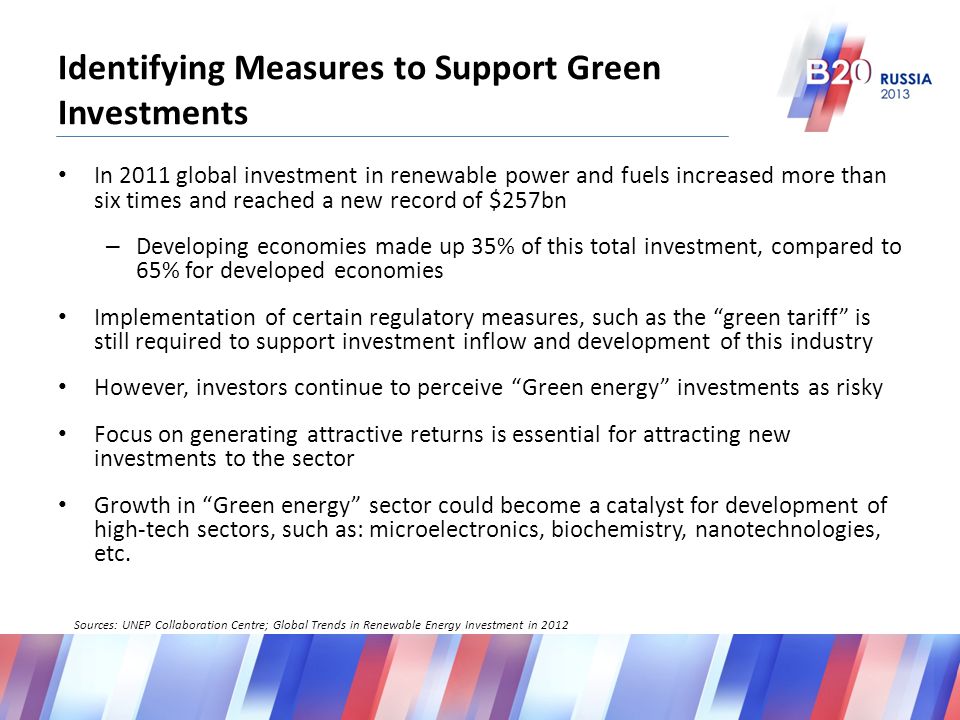 Identifying Measures to Support Green Investments In 2011 global investment in renewable power and fuels increased more than six times and reached a new record of $257bn – Developing economies made up 35% of this total investment, compared to 65% for developed economies Implementation of certain regulatory measures, such as the green tariff is still required to support investment inflow and development of this industry However, investors continue to perceive Green energy investments as risky Focus on generating attractive returns is essential for attracting new investments to the sector Growth in Green energy sector could become a catalyst for development of high-tech sectors, such as: microelectronics, biochemistry, nanotechnologies, etc.
