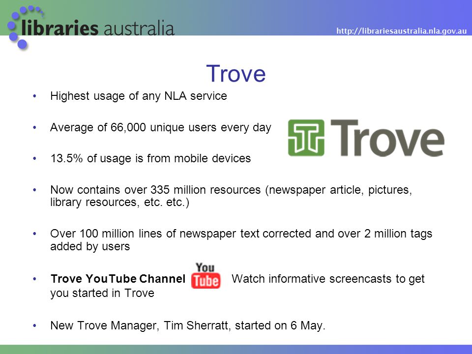 Trove Highest usage of any NLA service Average of 66,000 unique users every day 13.5% of usage is from mobile devices Now contains over 335 million resources (newspaper article, pictures, library resources, etc.