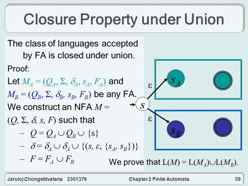 Jaruloj Chongstitvatana Chapter 2 Finite Automata59 Closure Property under Union The class of languages accepted by FA is closed under union.