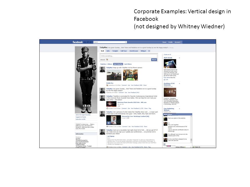 Corporate Examples: Vertical design in Facebook (not designed by Whitney Wiedner)