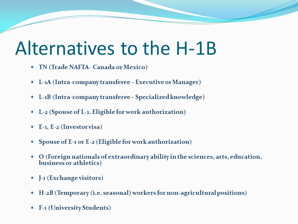 Alternatives to the H-1B TN (Trade NAFTA- Canada or Mexico) L-1A (Intra-company transferee – Executive or Manager) L-1B (Intra-company transferee – Specialized knowledge) L-2 (Spouse of L-1.