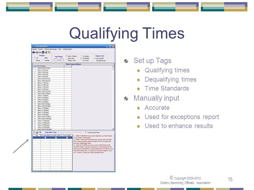 © Copyright Ontario Swimming Officials’ Association 15 Qualifying Times Set up Tags Qualifying times Dequalifying times Time Standards Manually input Accurate Used for exceptions report Used to enhance results