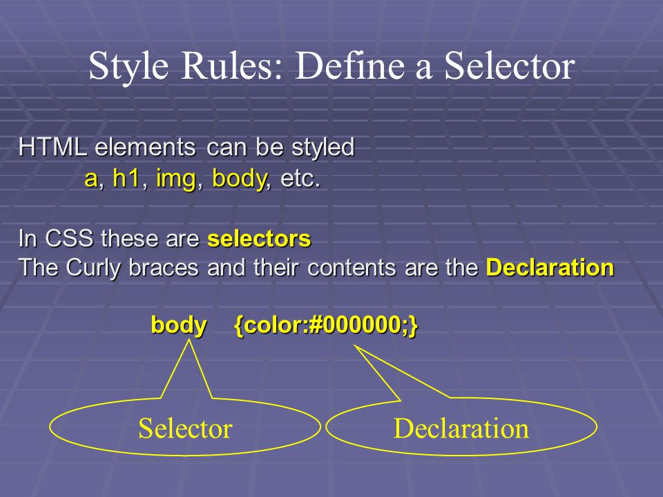 Style Rules: Define a Selector HTML elements can be styled a, h1, img, body, etc.