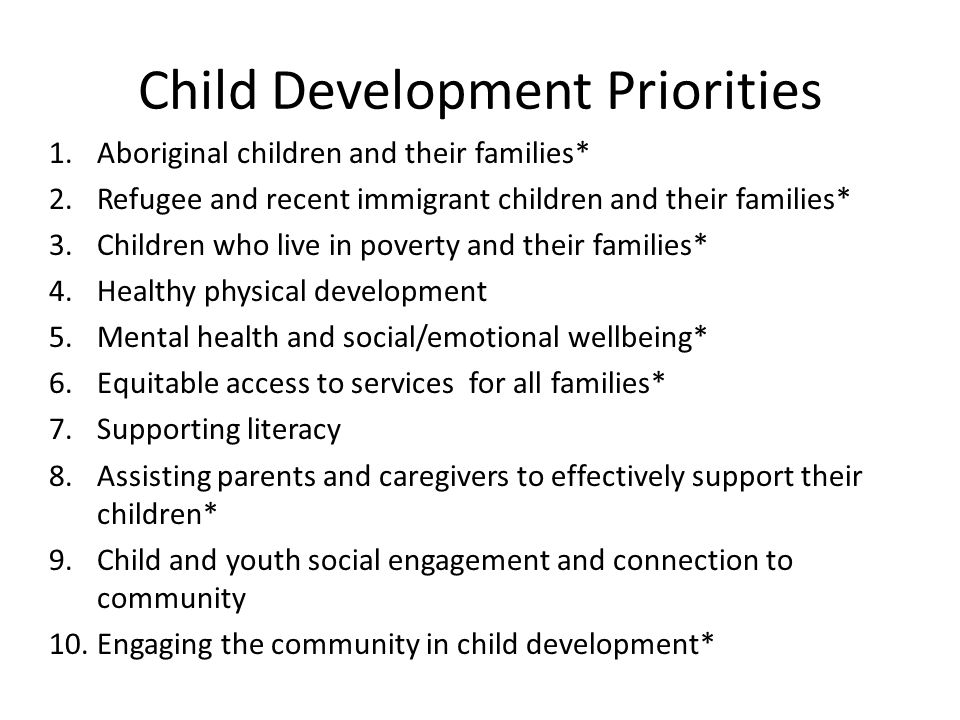 Child Development Priorities 1.Aboriginal children and their families* 2.Refugee and recent immigrant children and their families* 3.Children who live in poverty and their families* 4.Healthy physical development 5.Mental health and social/emotional wellbeing* 6.Equitable access to services for all families* 7.Supporting literacy 8.Assisting parents and caregivers to effectively support their children* 9.Child and youth social engagement and connection to community 10.Engaging the community in child development*