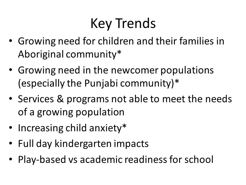 Key Trends Growing need for children and their families in Aboriginal community* Growing need in the newcomer populations (especially the Punjabi community)* Services & programs not able to meet the needs of a growing population Increasing child anxiety* Full day kindergarten impacts Play-based vs academic readiness for school