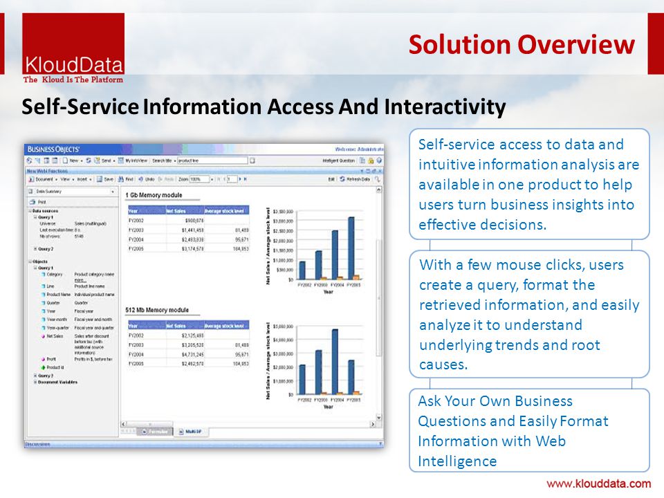 Solution Overview Self-Service Information Access And Interactivity Self-service access to data and intuitive information analysis are available in one product to help users turn business insights into effective decisions.