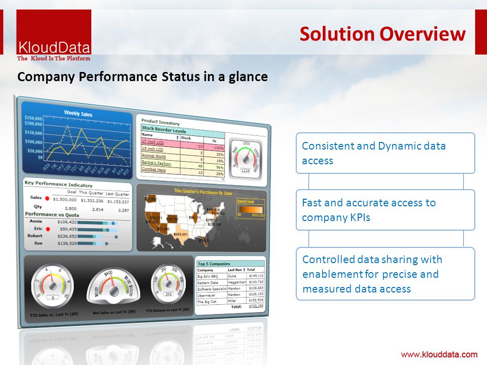 Solution Overview Company Performance Status in a glance Consistent and Dynamic data access Fast and accurate access to company KPIs Controlled data sharing with enablement for precise and measured data access