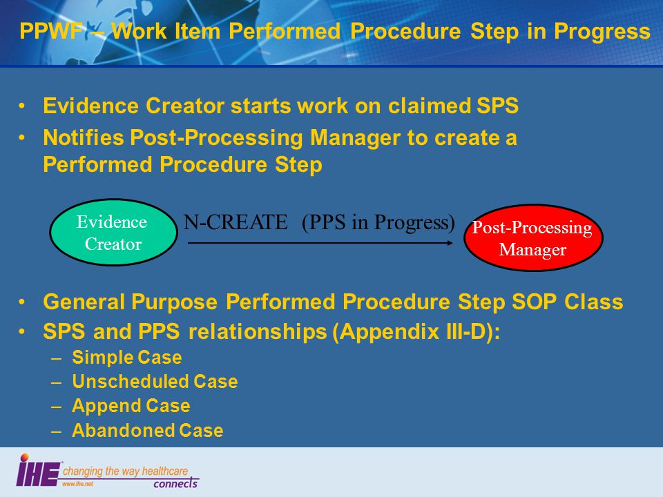 Evidence Creator starts work on claimed SPS Notifies Post-Processing Manager to create a Performed Procedure Step PPWF – Work Item Performed Procedure Step in Progress General Purpose Performed Procedure Step SOP Class SPS and PPS relationships (Appendix III-D): –Simple Case –Unscheduled Case –Append Case –Abandoned Case N-CREATE (PPS in Progress) Post-Processing Manager Evidence Creator