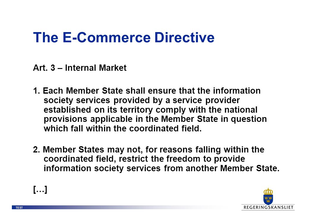 TEST The E-commerce Directive and Private International Law Michael Hellner  The Hague, October. - ppt download