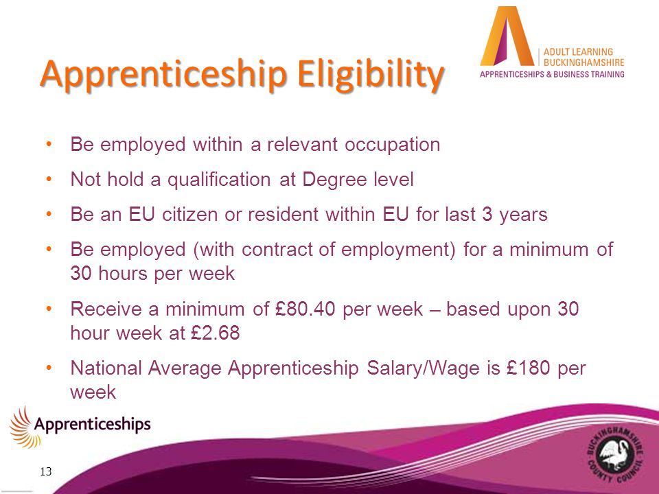 Apprenticeship Eligibility Be employed within a relevant occupation Not hold a qualification at Degree level Be an EU citizen or resident within EU for last 3 years Be employed (with contract of employment) for a minimum of 30 hours per week Receive a minimum of £80.40 per week – based upon 30 hour week at £2.68 National Average Apprenticeship Salary/Wage is £180 per week 13