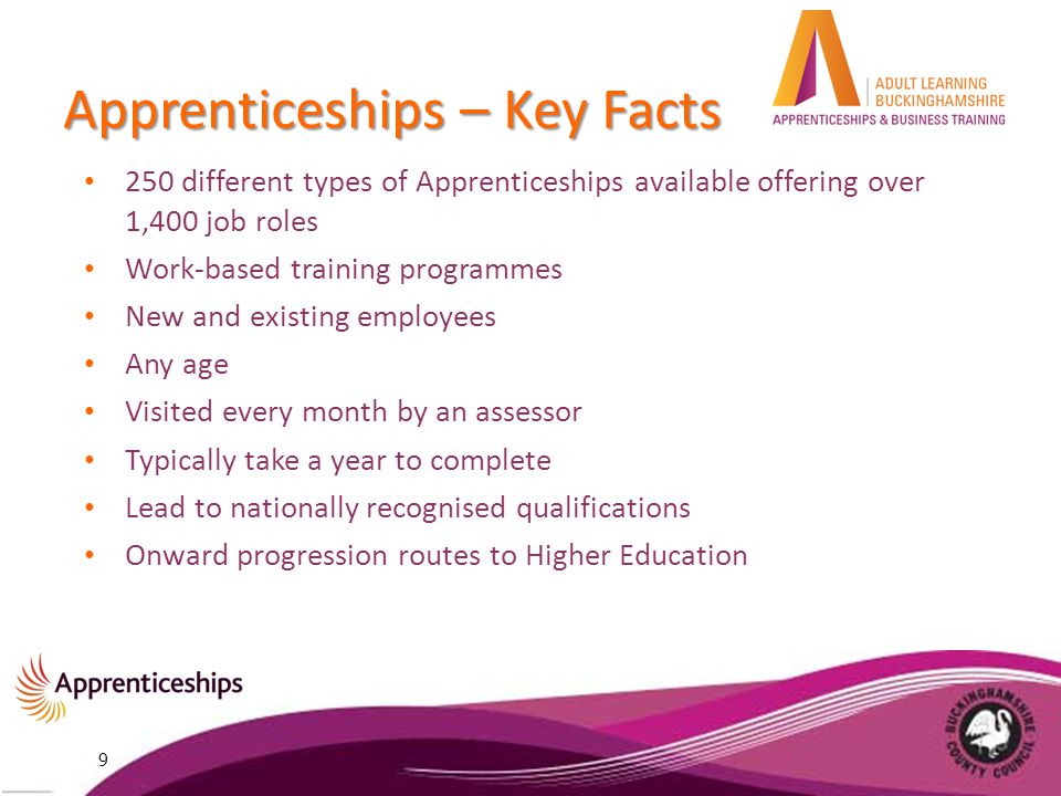Apprenticeships – Key Facts 250 different types of Apprenticeships available offering over 1,400 job roles Work-based training programmes New and existing employees Any age Visited every month by an assessor Typically take a year to complete Lead to nationally recognised qualifications Onward progression routes to Higher Education 9