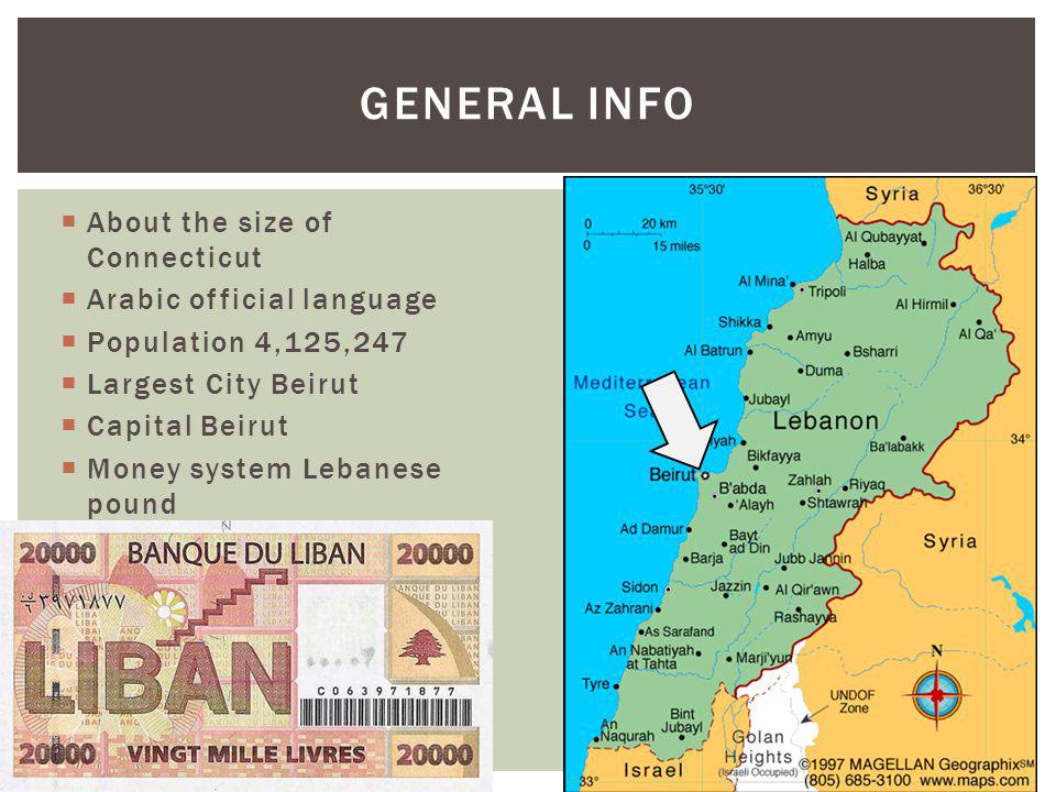  About the size of Connecticut  Arabic official language  Population 4,125,247  Largest City Beirut  Capital Beirut  Money system Lebanese pound GENERAL INFO