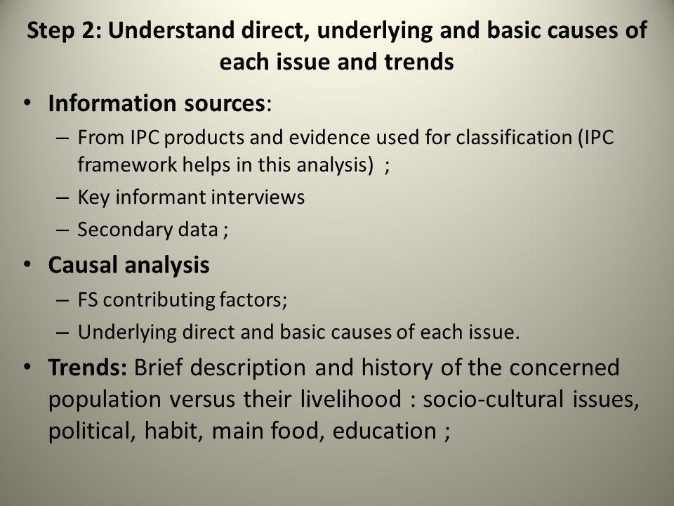 Step 2: Understand direct, underlying and basic causes of each issue and trends Information sources: – From IPC products and evidence used for classification (IPC framework helps in this analysis) ; – Key informant interviews – Secondary data ; Causal analysis – FS contributing factors; – Underlying direct and basic causes of each issue.