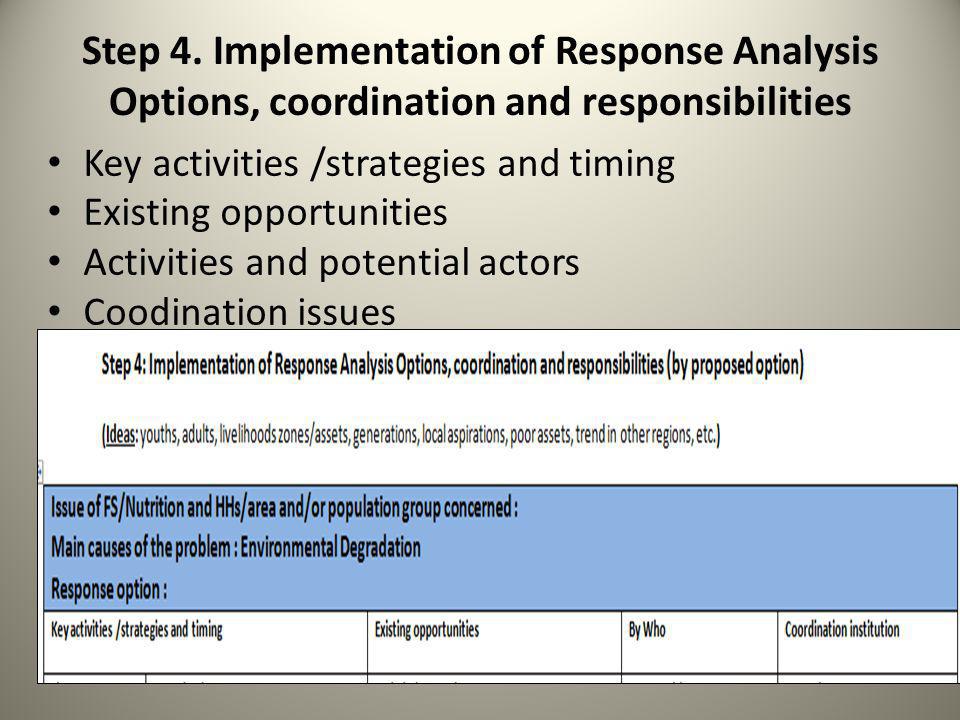 Key activities /strategies and timing Existing opportunities Activities and potential actors Coodination issues Step 4.