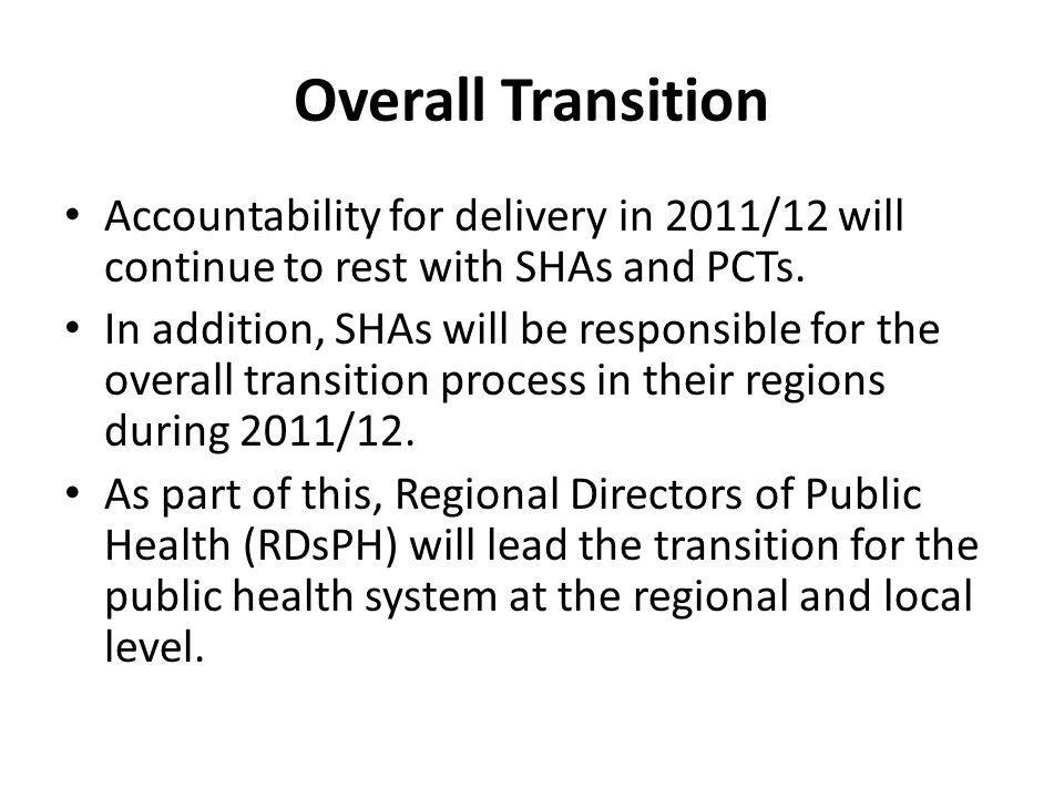 Overall Transition Accountability for delivery in 2011/12 will continue to rest with SHAs and PCTs.