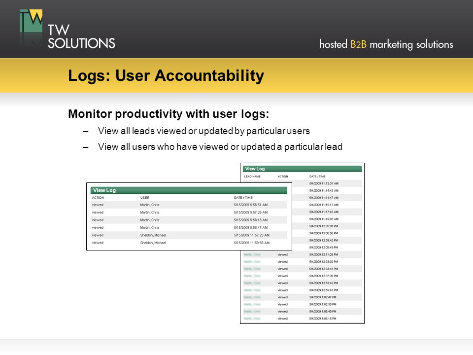 Logs: User Accountability Monitor productivity with user logs: –View all leads viewed or updated by particular users –View all users who have viewed or updated a particular lead