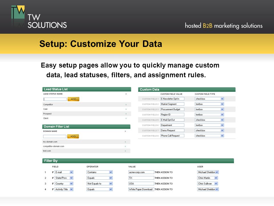 Setup: Customize Your Data Easy setup pages allow you to quickly manage custom data, lead statuses, filters, and assignment rules.