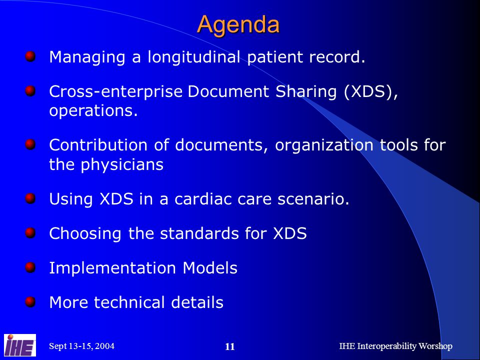 Sept 13-15, 2004IHE Interoperability Worshop 11 Agenda Managing a longitudinal patient record.