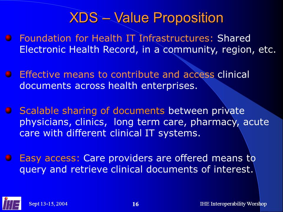 Sept 13-15, 2004IHE Interoperability Worshop 16 XDS – Value Proposition Foundation for Health IT Infrastructures: Shared Electronic Health Record, in a community, region, etc.