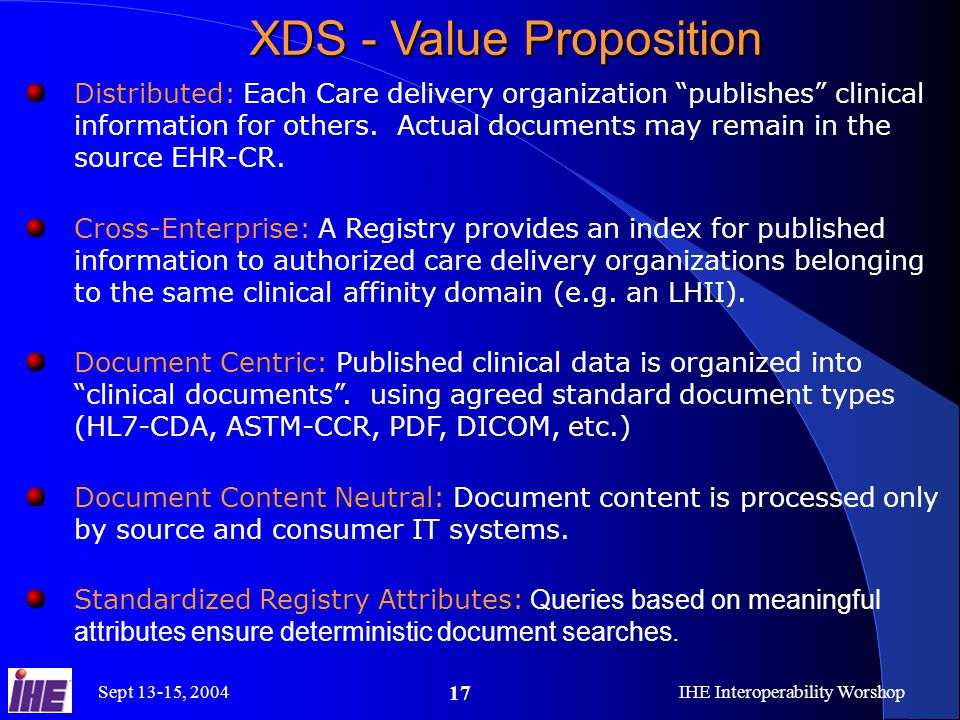 Sept 13-15, 2004IHE Interoperability Worshop 17 XDS - Value Proposition Distributed: Each Care delivery organization publishes clinical information for others.