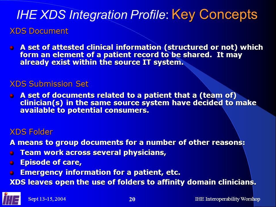 Sept 13-15, 2004IHE Interoperability Worshop 20 XDS Document A set of attested clinical information (structured or not) which form an element of a patient record to be shared.