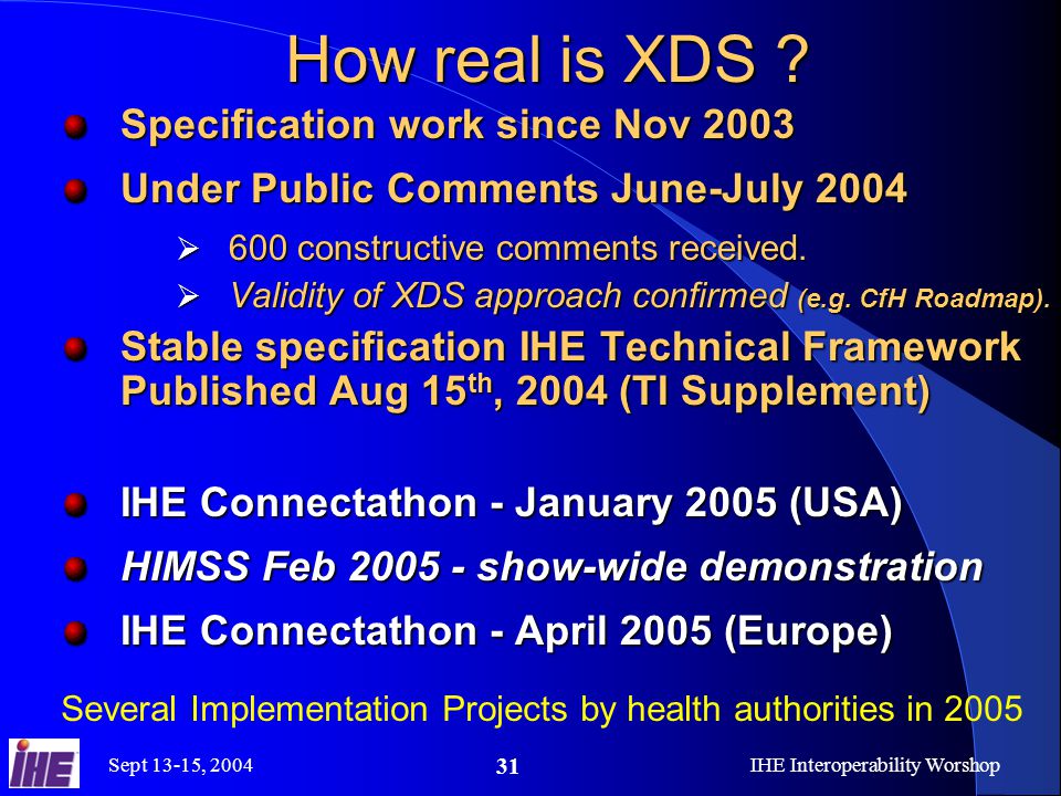 Sept 13-15, 2004IHE Interoperability Worshop 31 How real is XDS .