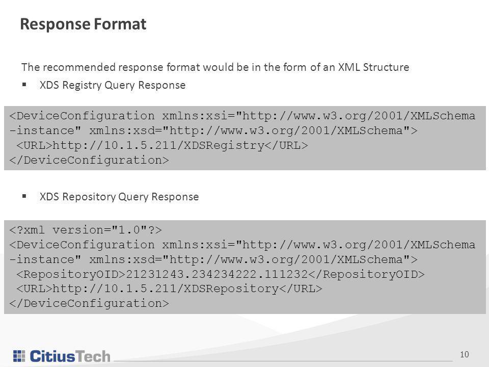 10 Response Format The recommended response format would be in the form of an XML Structure  XDS Registry Query Response  XDS Repository Query Response <DeviceConfiguration xmlns:xsi=   -instance xmlns:xsd=   >   <DeviceConfiguration xmlns:xsi=   -instance xmlns:xsd=   >