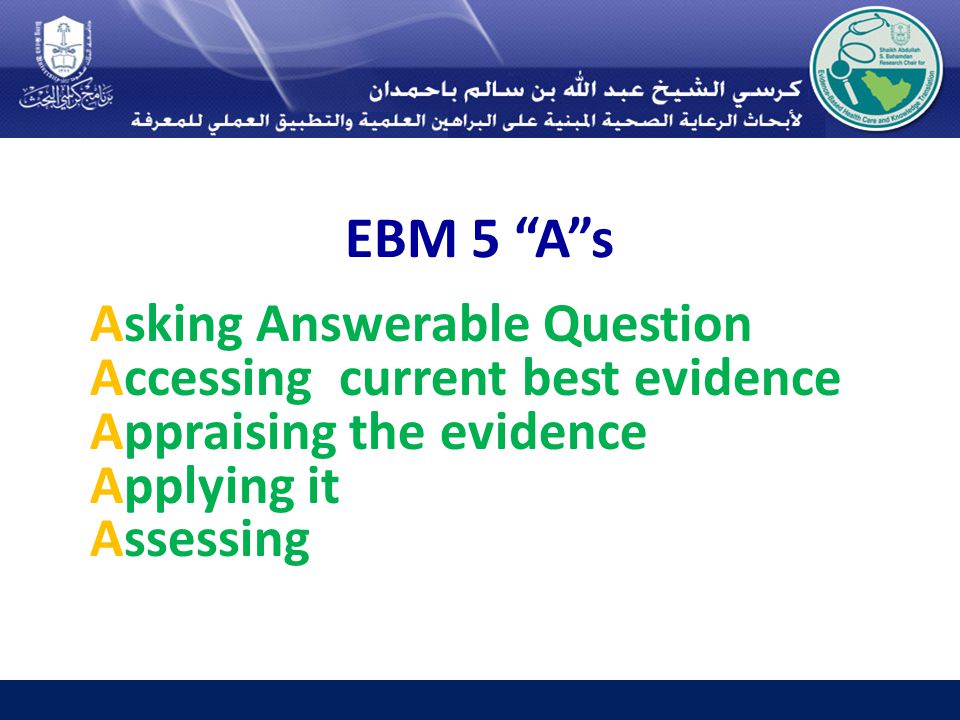 EBM 5 A s Asking Answerable Question Accessing current best evidence Appraising the evidence Applying it Assessing