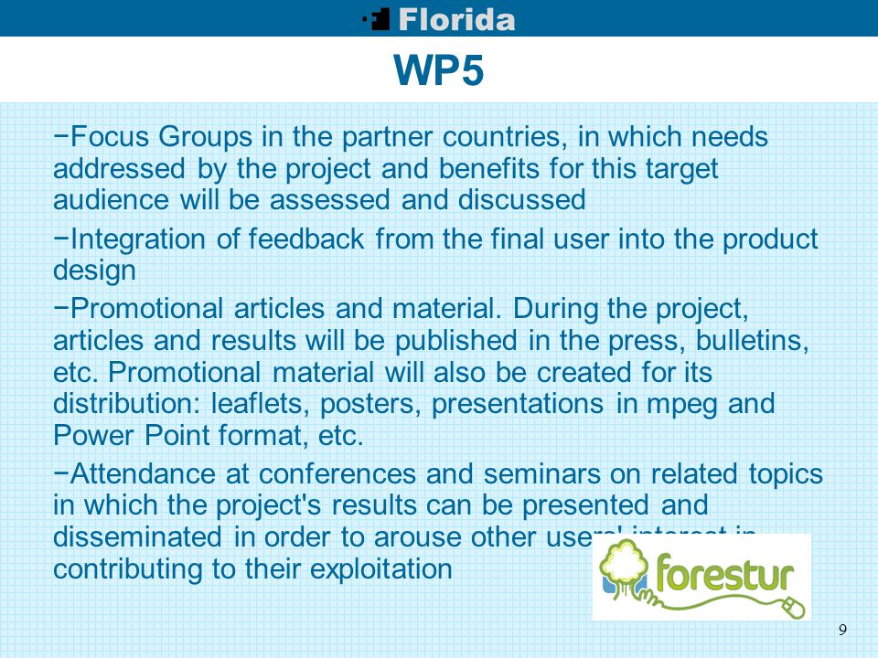 9 WP5 −Focus Groups in the partner countries, in which needs addressed by the project and benefits for this target audience will be assessed and discussed −Integration of feedback from the final user into the product design −Promotional articles and material.