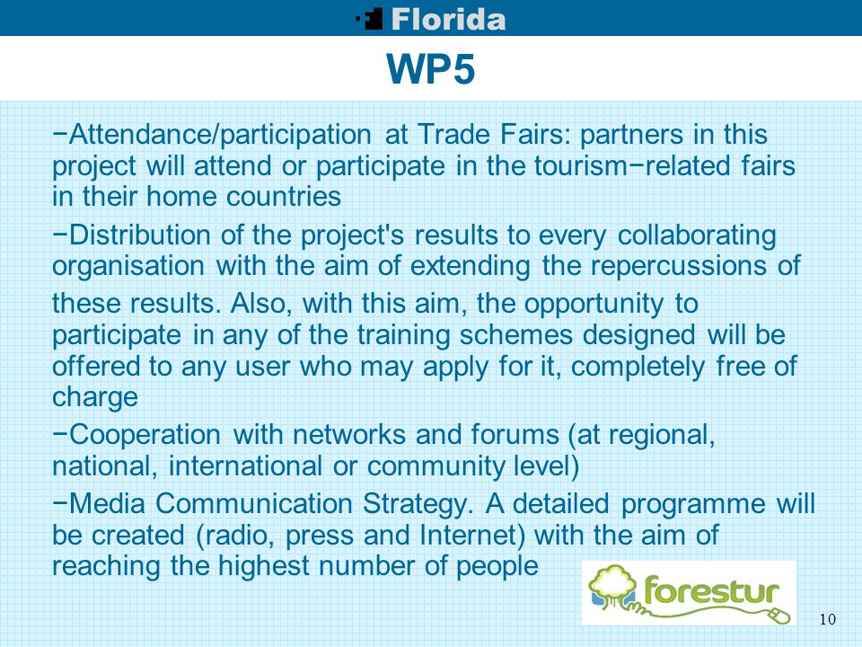 10 WP5 −Attendance/participation at Trade Fairs: partners in this project will attend or participate in the tourism−related fairs in their home countries −Distribution of the project s results to every collaborating organisation with the aim of extending the repercussions of these results.