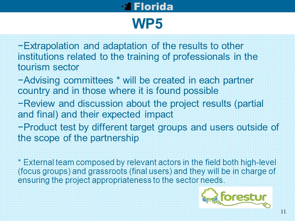 11 WP5 −Extrapolation and adaptation of the results to other institutions related to the training of professionals in the tourism sector −Advising committees * will be created in each partner country and in those where it is found possible −Review and discussion about the project results (partial and final) and their expected impact −Product test by different target groups and users outside of the scope of the partnership * External team composed by relevant actors in the field both high-level (focus groups) and grassroots (final users) and they will be in charge of ensuring the project appropriateness to the sector needs.