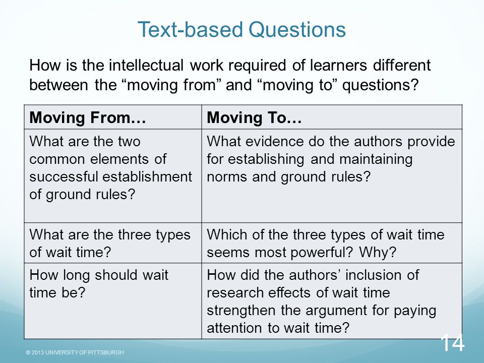 © 2013 UNIVERSITY OF PITTSBURGH Text-based Questions Moving From…Moving To… What are the two common elements of successful establishment of ground rules.