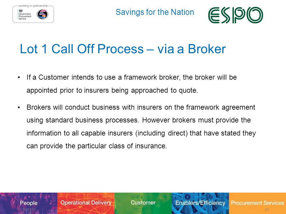 Savings for the Nation Lot 1 Call Off Process – via a Broker If a Customer intends to use a framework broker, the broker will be appointed prior to insurers being approached to quote.