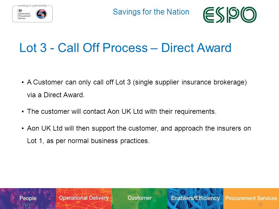 Savings for the Nation Lot 3 - Call Off Process – Direct Award A Customer can only call off Lot 3 (single supplier insurance brokerage) via a Direct Award.