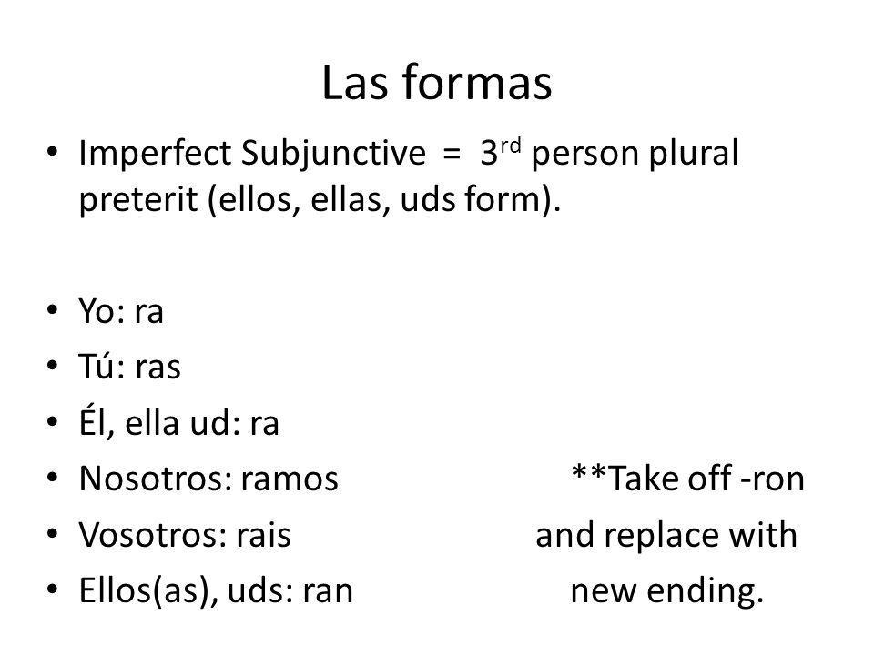 Las formas Imperfect Subjunctive = 3 rd person plural preterit (ellos, ellas, uds form).