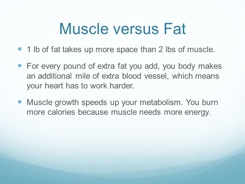 Muscle versus Fat 1 lb of fat takes up more space than 2 lbs of muscle.