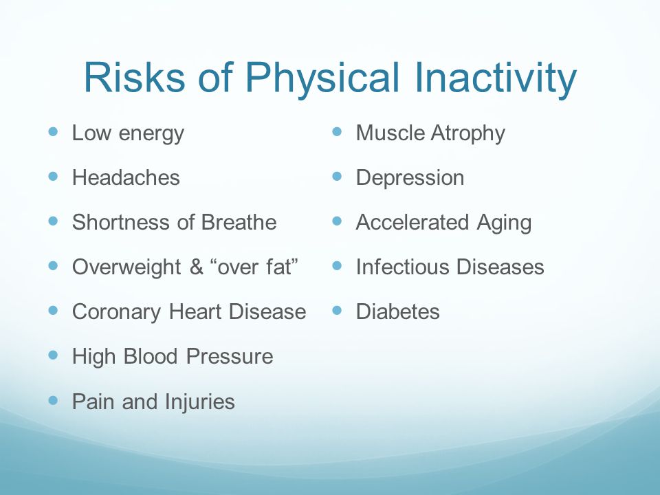 Risks of Physical Inactivity Low energy Headaches Shortness of Breathe Overweight & over fat Coronary Heart Disease High Blood Pressure Pain and Injuries Muscle Atrophy Depression Accelerated Aging Infectious Diseases Diabetes