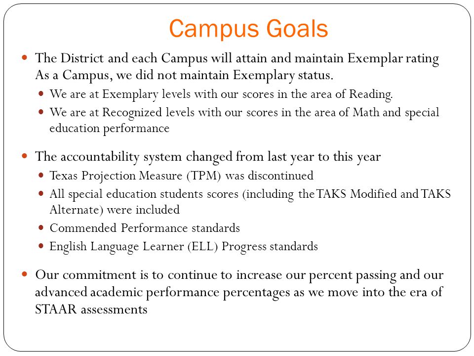 Campus Goals The District and each Campus will attain and maintain Exemplar rating As a Campus, we did not maintain Exemplary status.