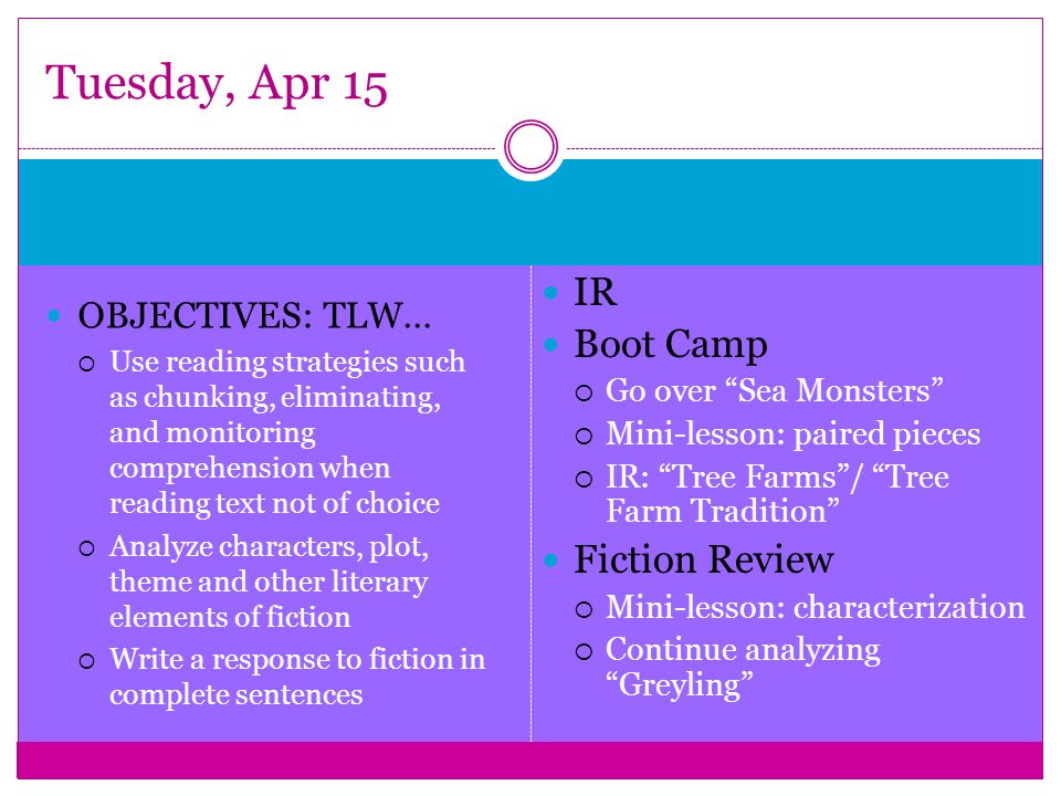 OBJECTIVES: TLW…  Use reading strategies such as chunking, eliminating,  and monitoring comprehension when reading text not of choice  Analyze  characters, - ppt download