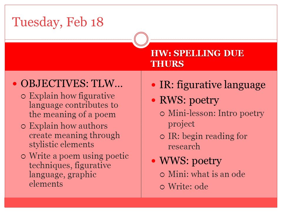 HW: SPELLING DUE THURS OBJECTIVES: TLW…  Explain how figurative language contributes to the meaning of a poem  Explain how authors create meaning through stylistic elements  Write a poem using poetic techniques, figurative language, graphic elements IR: figurative language RWS: poetry  Mini-lesson: Intro poetry project  IR: begin reading for research WWS: poetry  Mini: what is an ode  Write: ode Tuesday, Feb 18