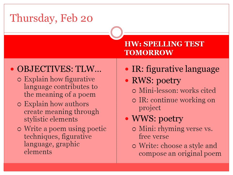 HW: SPELLING TEST TOMORROW OBJECTIVES: TLW…  Explain how figurative language contributes to the meaning of a poem  Explain how authors create meaning through stylistic elements  Write a poem using poetic techniques, figurative language, graphic elements IR: figurative language RWS: poetry  Mini-lesson: works cited  IR: continue working on project WWS: poetry  Mini: rhyming verse vs.