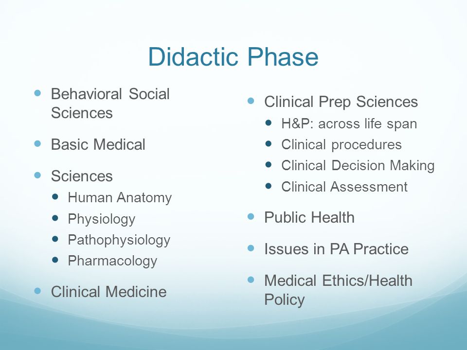 Didactic Phase Behavioral Social Sciences Basic Medical Sciences Human Anatomy Physiology Pathophysiology Pharmacology Clinical Medicine Clinical Prep Sciences H&P: across life span Clinical procedures Clinical Decision Making Clinical Assessment Public Health Issues in PA Practice Medical Ethics/Health Policy