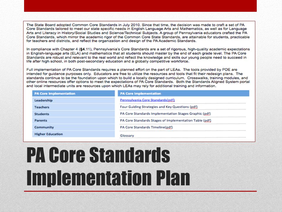 PA Core Standards Implementation Plan