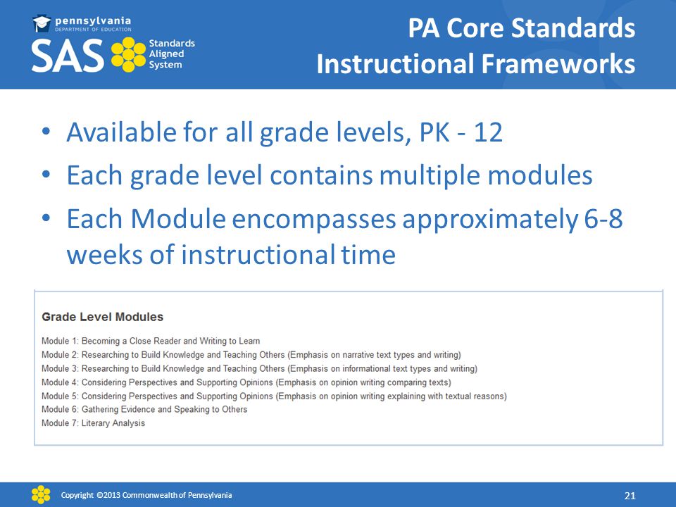 PA Core Standards Instructional Frameworks Available for all grade levels, PK - 12 Each grade level contains multiple modules Each Module encompasses approximately 6-8 weeks of instructional time Copyright ©2013 Commonwealth of Pennsylvania 21