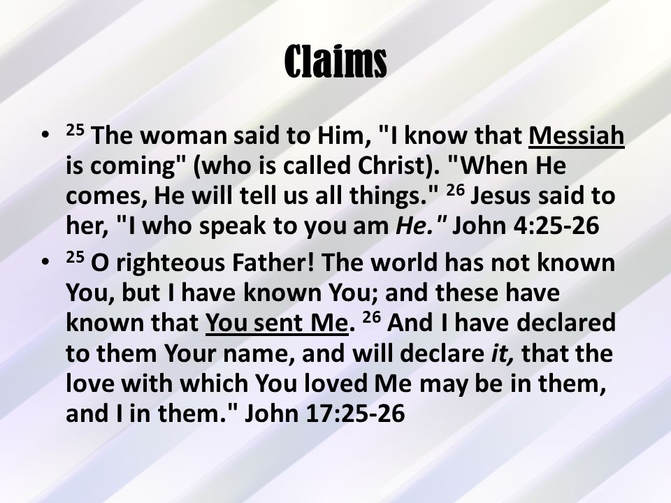 Claims 25 The woman said to Him, I know that Messiah is coming (who is called Christ).