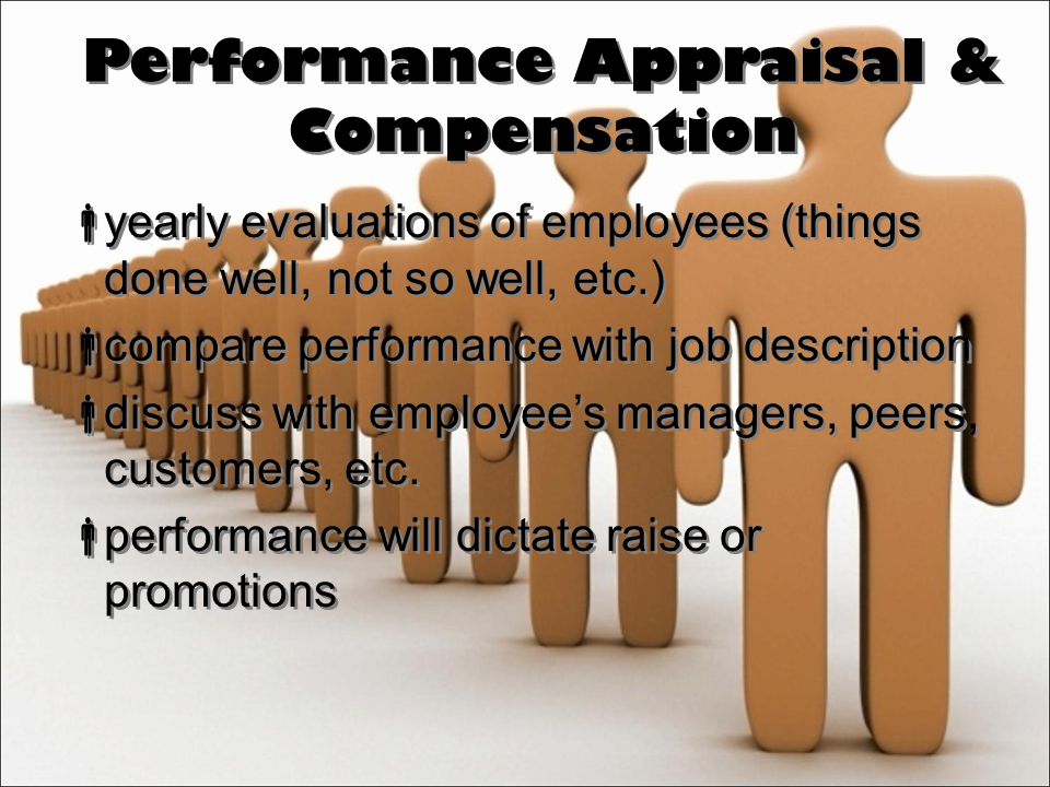 Performance Appraisal & Compensation  yearly evaluations of employees (things done well, not so well, etc.)  compare performance with job description  discuss with employee’s managers, peers, customers, etc.