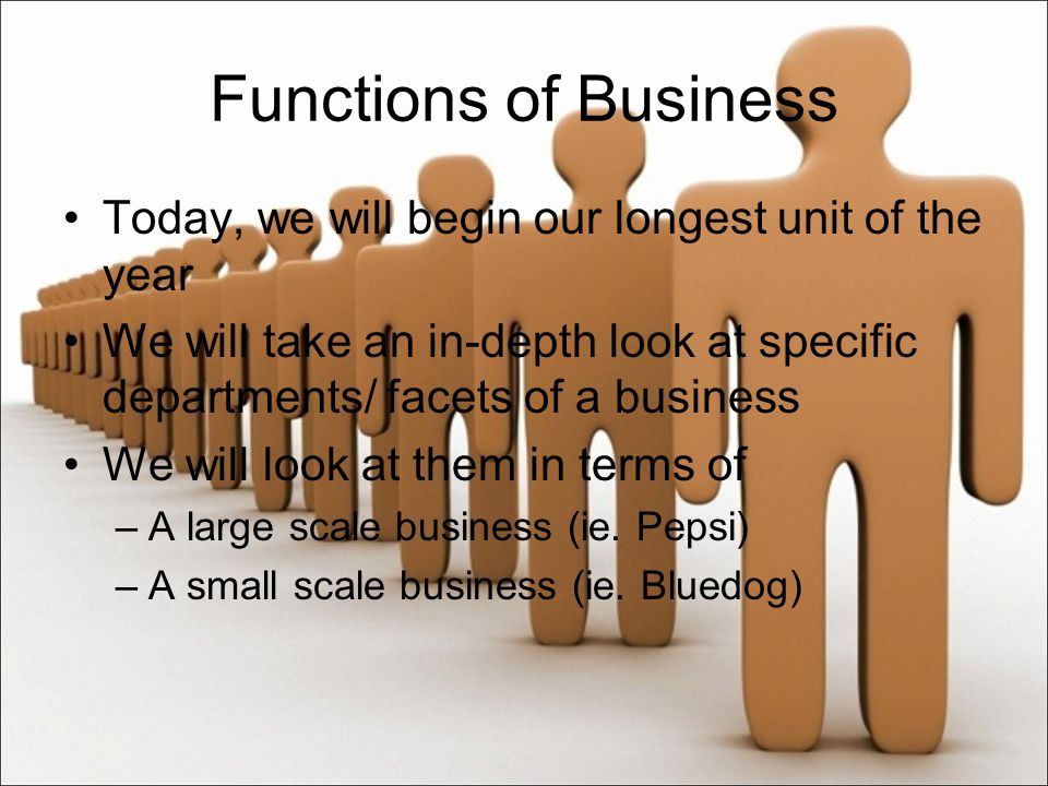 Functions of Business Today, we will begin our longest unit of the year We will take an in-depth look at specific departments/ facets of a business We will look at them in terms of –A large scale business (ie.